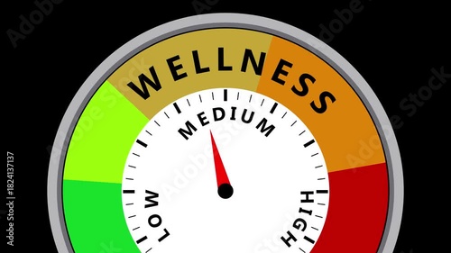 Wellness Meter Gauge Showing Medium Level with Red Needle on Black Background indicator measurement
