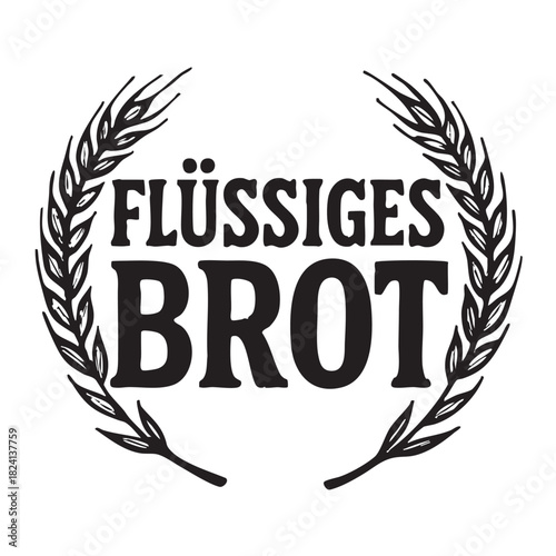 a striking black and white emblem features wheat stalks framing the german words for liquid bread boldly displayed