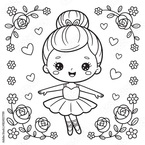 Adorable cartoon ballerina with bun hairstyle in tutu and pointe shoes, surrounded by floral elements and hearts
