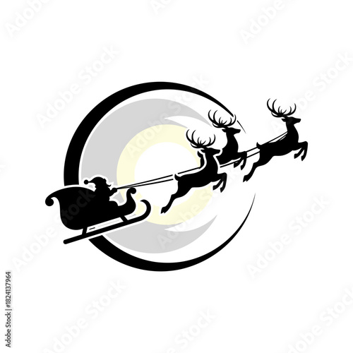 Santa Claus flying sleigh with reindeers in the night sky.