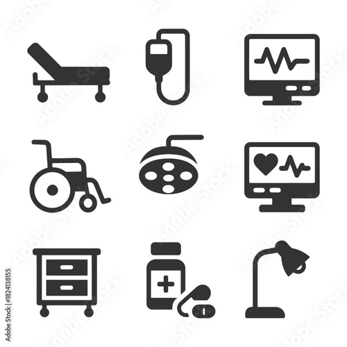 Medical equipment icons set: bed, iv, monitor, wheelchair, lamp, medicine.