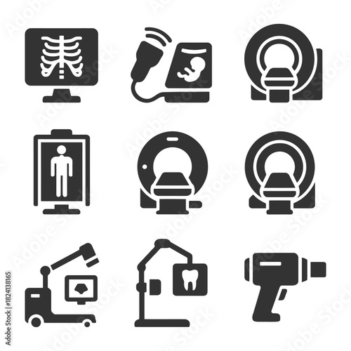 Medical imaging icons: x-ray, ultrasound, mri, ct scanner, mammography equipment.