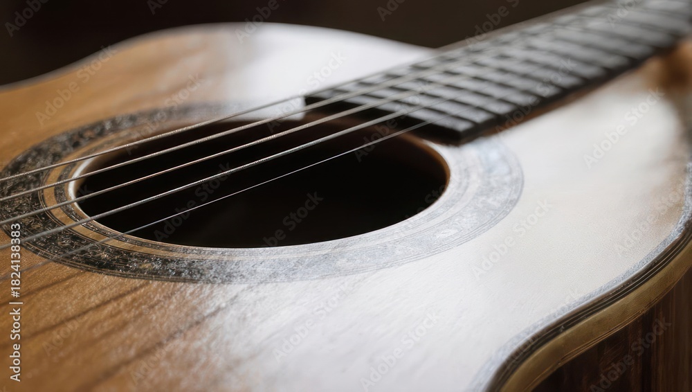 Fototapeta premium Close-up of a classical guitar with strings and sound hole.