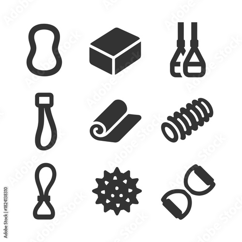 Fitness equipment icons: foam roller, yoga mat, trx straps, jump rope, sponge, pilates ring.