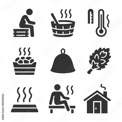Sauna ritual icons: relaxation, thermometer, steam, heat, bench, bucket, bell, broom, cabin.