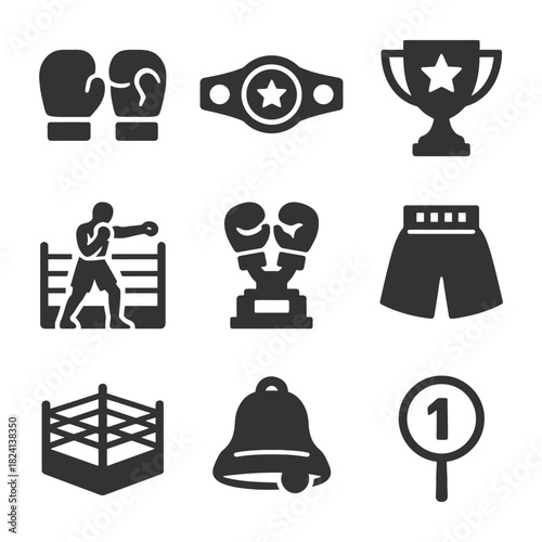 Boxing icons set: gloves, ring, trophy, championship belt, bell.