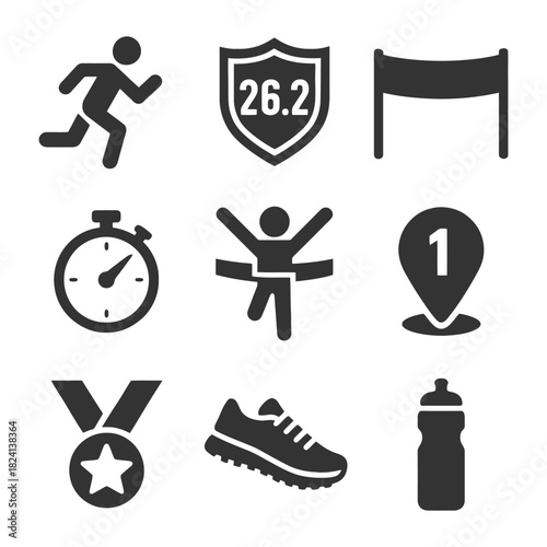 Marathon icons: runner, stopwatch, medal, finish line, water bottle.