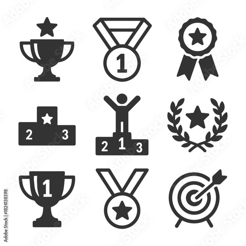 Trophy medal ribbon podium laurel target icons set.