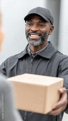Smiling delivery courier handing package