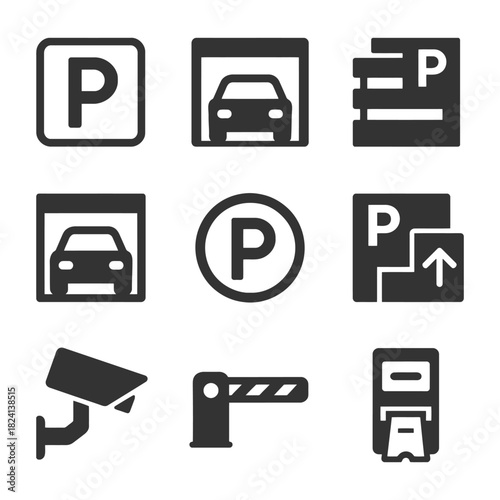 Parking and security icons set: car park, surveillance, gate, ticket machine.