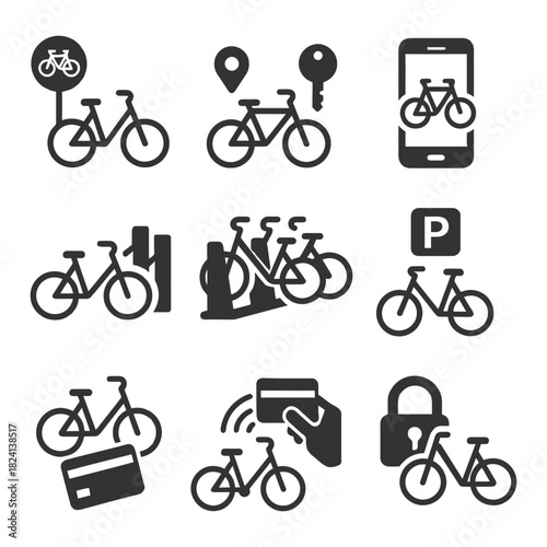 Bicycle sharing icons: rental, parking, payment, lock, technology.