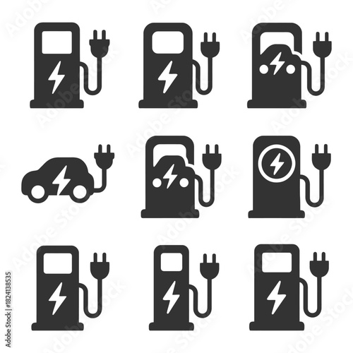 Electric vehicle charging station icons with plugs and lightning bolts.