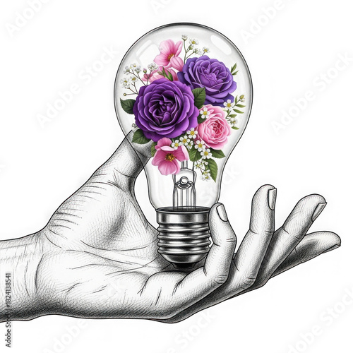 Hand holding lightbulb with flowers isolated on transparent background