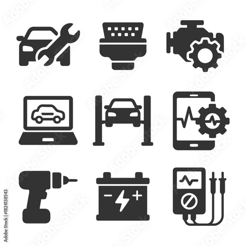 Automotive repair tools and equipment icons for efficient vehicle maintenance.