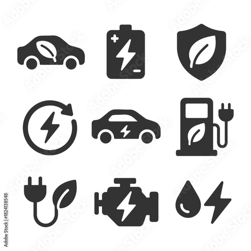 Eco-friendly energy icons with electric car, charging station, and leaf symbol.