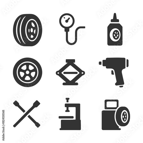 Car maintenance tools: tire, pressure gauge, glue, jack, impact wrench, and more icons.