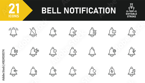 Bell notification line icon set. Set of 21 outline icons related to bell, notification, alarm, alert, message, reminder, message notification and others. Editable stroke. Vector illustration.