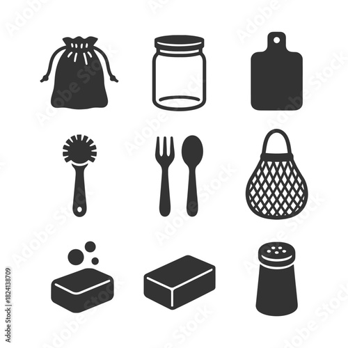 Kitchen essentials icons: utensils, container, cutting board, brush, soap, mesh bag.