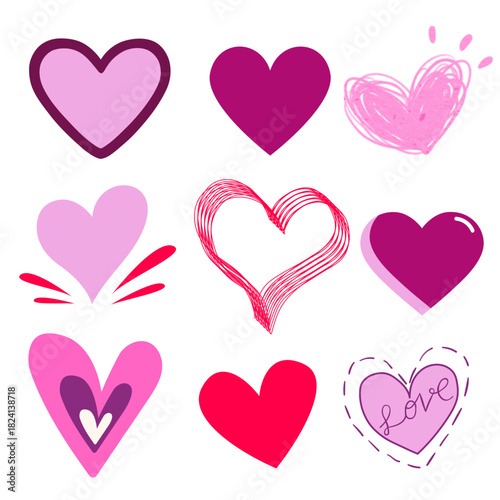 Hand-Drawn Pink and Red Hearts Set with Romantic Love Lettering for Charming Valentine’s Day and Wedding Invitation Designs