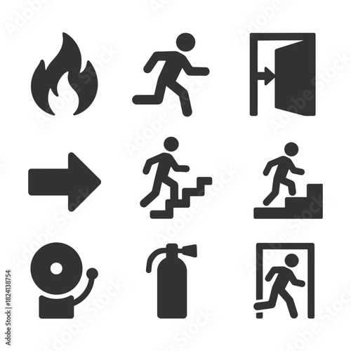 Emergency evacuation icons: fire, exit, alarm, stairs, extinguisher, arrow.