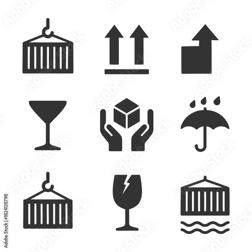Cargo and packaging symbols: fragile, keep dry, handle with care, arrow, liquid, cube.