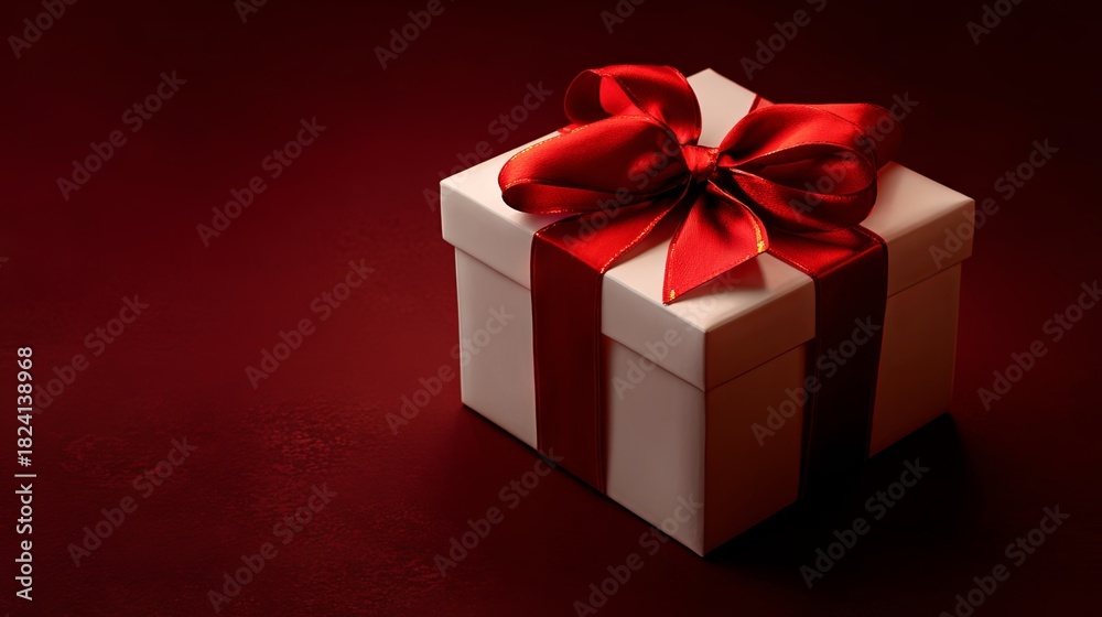 Obraz premium A chic present box adorned with vivid red yellow bows, displayed on a deep, golden-toned backdrop 