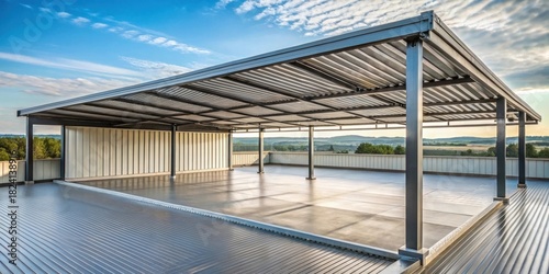 Modern rooftop structure with metal covering and spacious open area