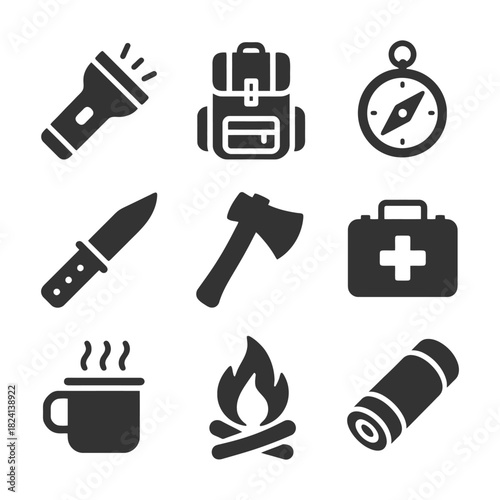 Camping essentials icons: flashlight, backpack, compass, knife, axe, first aid, mug, fire, sleeping bag.