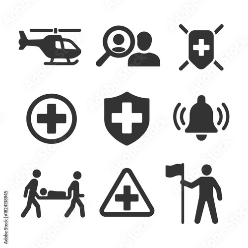 Emergency medical icons set featuring helicopter, shield, bell, first aid, and rescue symbols.