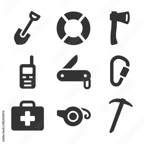 Essential camping gear icons: shovel, lifebuoy, axe, radio, knife, carabiner, first aid kit, rope, pickaxe.