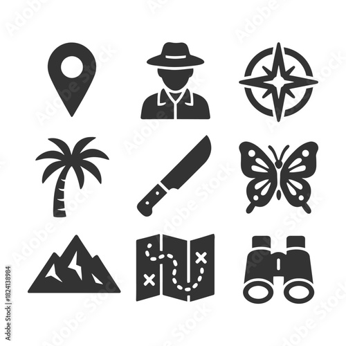 Outdoor adventure icons: navigation, exploration, and wilderness tools collection.