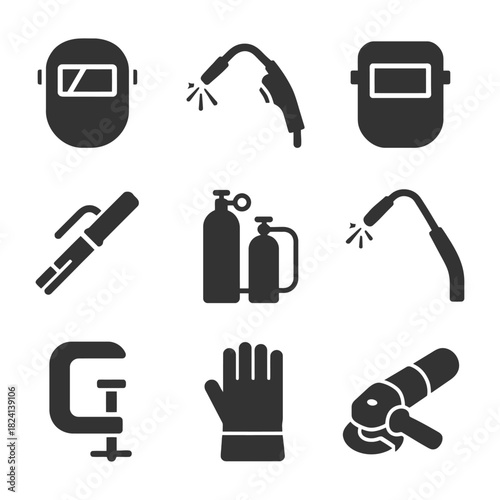 Welding tools icons: torch, mask, gas cylinders, clamp, glove, grinder.