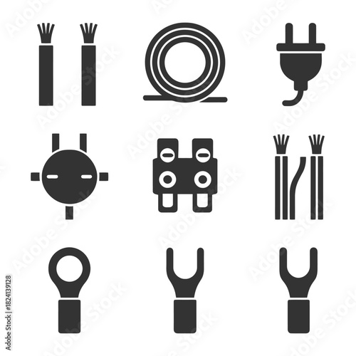Electrical components icons: wires, plugs, connectors, terminals, and insulators.