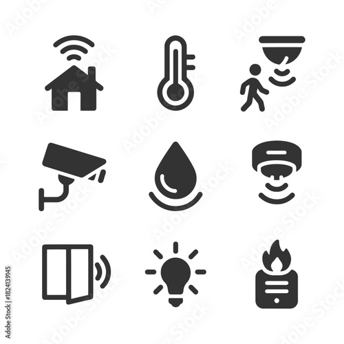 Smart home automation icons: security, lighting, temperature, water, fire detection symbols.
