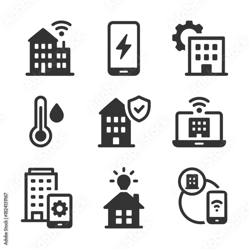 Smart home technology icons set featuring buildings, thermostat, mobile devices, and connectivity symbols.