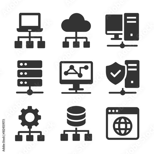 Network and data management icons: laptop, cloud, and security symbols.
