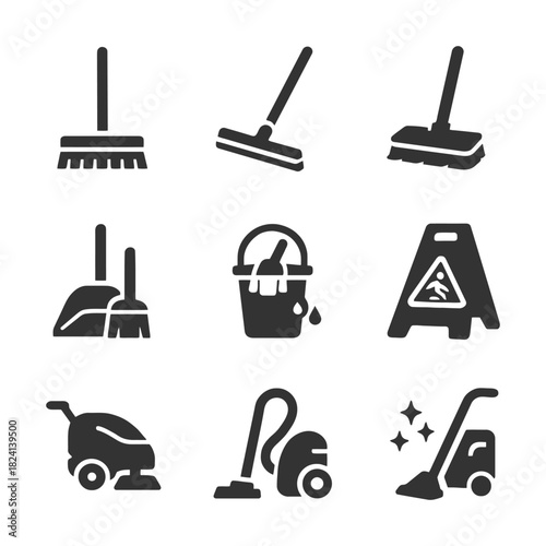 Cleaning tool icons: broom, mop, bucket, vacuum, caution sign.