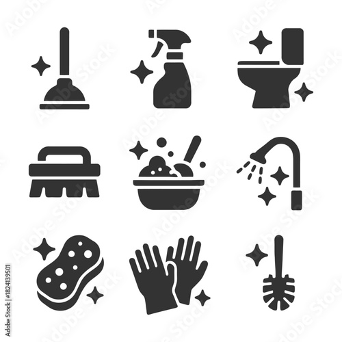 Set of cleaning tools icons: plunger, spray, toilet, scrub brush, soap, shower, sponge, gloves, toilet brush.