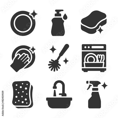 Set of kitchen cleaning icons: dishes, soap, sponge, dishwasher, sink, spray.