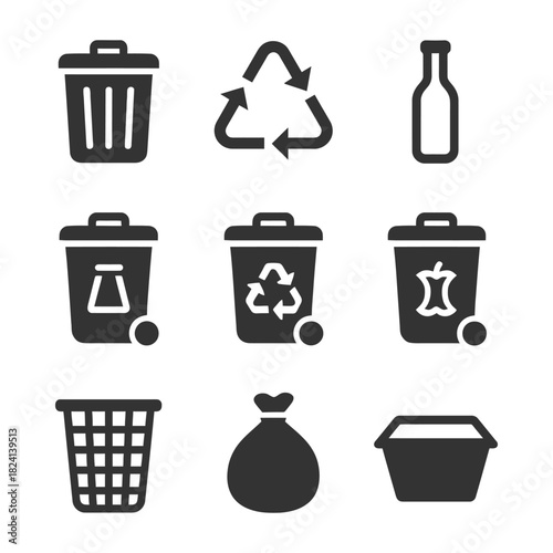 Recycling and waste icon set featuring bins, bags, and symbols.