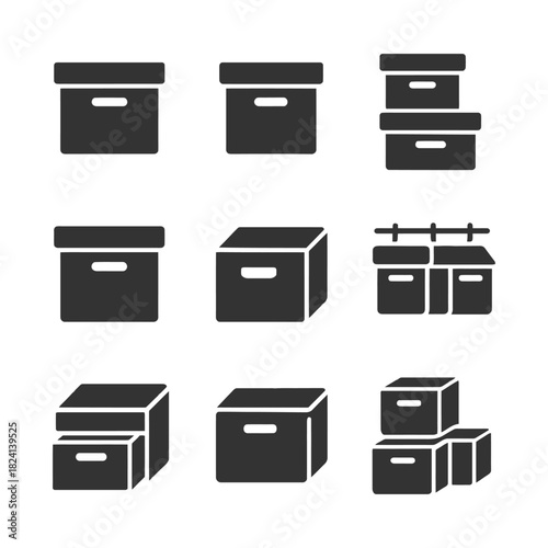 Set of nine black storage box icons in various configurations.