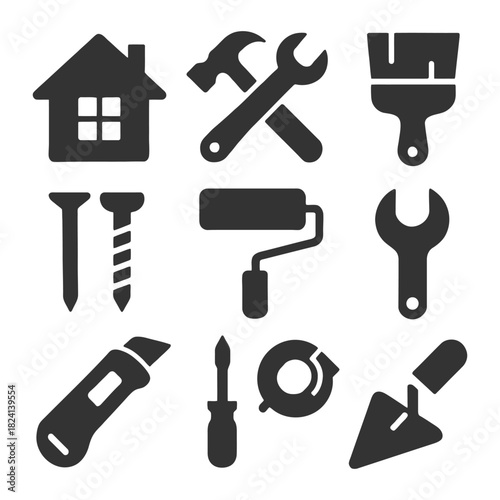 Set of black diy tools icons including hammer, wrench, and paintbrush.