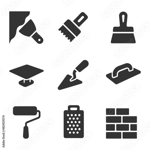 Set of construction and tool icons including trowel, brush, roller, grater, brick wall.