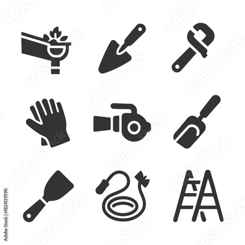 Home maintenance tools collection: ladder, hose, trowel, wrench, shovel, gutter, gloves, camera.