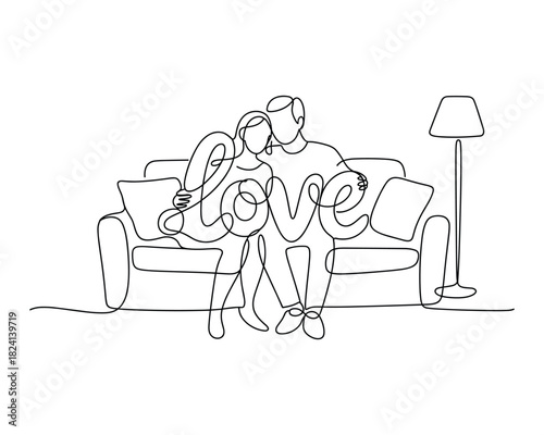 Continuous Line Drawing of Couple Sitting on Sofa with Love Decoration