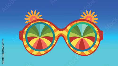 Retro rainbow sunglasses with sun accents on a blue sky
