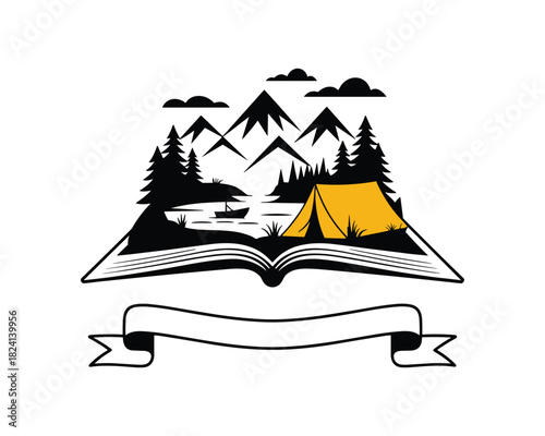 Open book illustrating a camping scene with mountains and trees concept