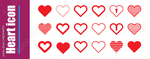 Collection of red heart vector icons featuring pixel, outline, medical, and textured designs