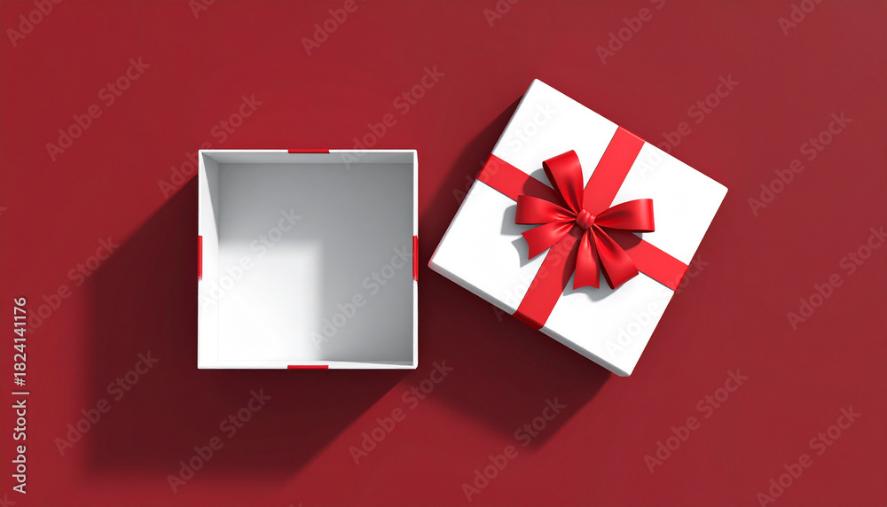 Obraz premium Blank white gift box open or top view of white present box tied with red ribbon bow isolated on dark red background with shadow minimal conceptual 3D rendering