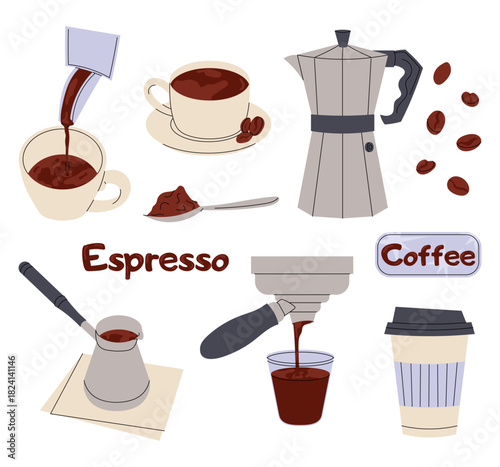 Set illustration espresso preparation, pot, coffee beans, white cup and brewing tools coffee. For cafe, barista and coffee themed designs.